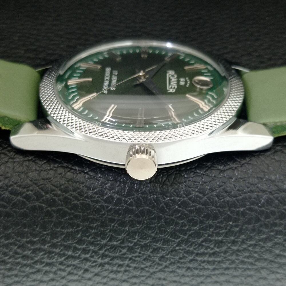 Vintage 1970 Roamer Manual Mens Silver Watch W/Leather Strap & Green accents - Picture 5 of 9
